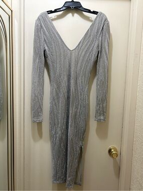 Silver Long-Sleeve V-Neck Bodycon Dress